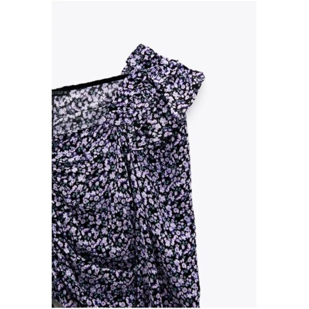 Zara Purple top floral long sleeve front drawstring size S boho bohemian